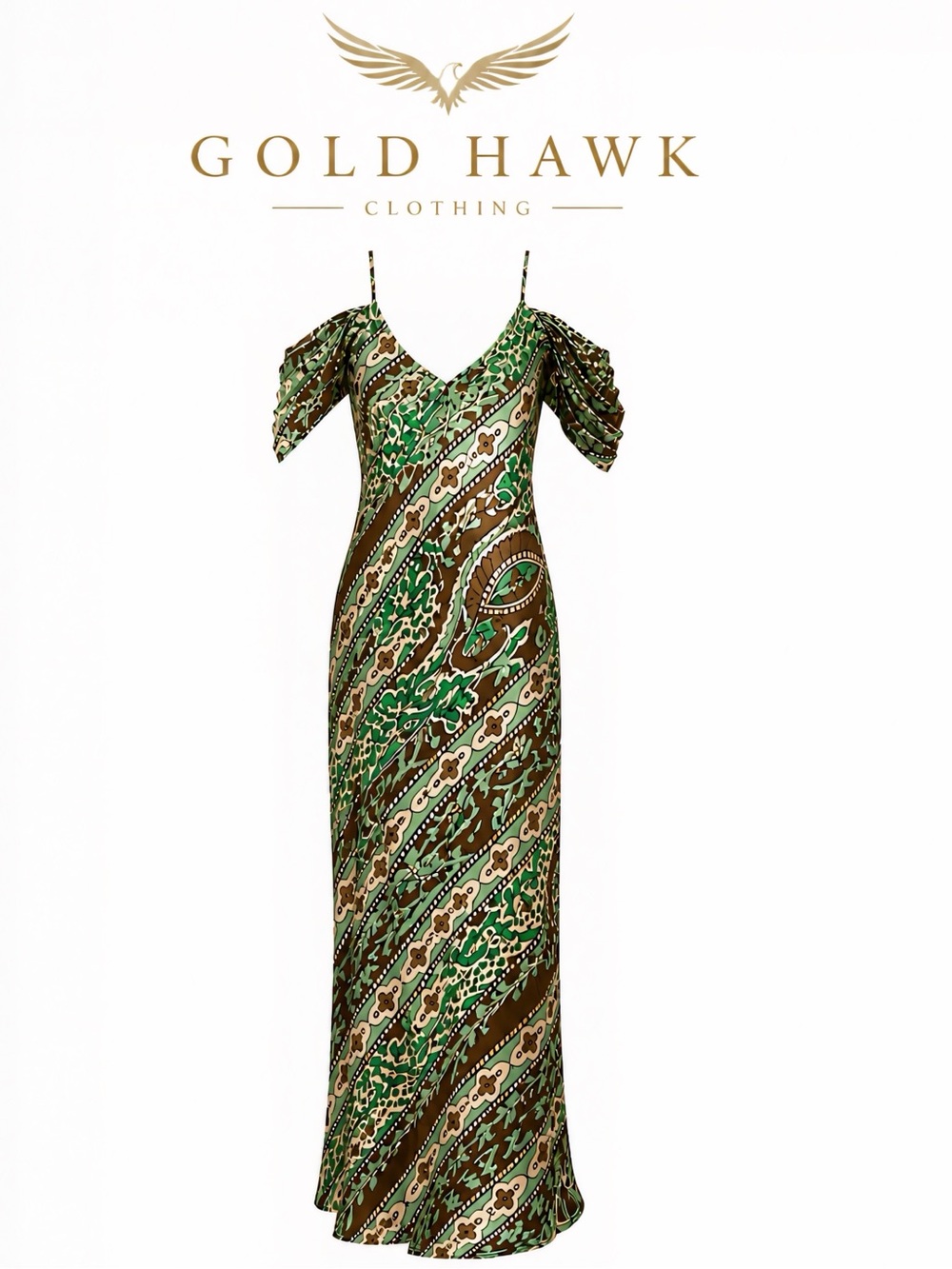 NWOT Gold Hawk Silk Maxi Dress Paisley Green Brown Cream Puff Sleeve Small